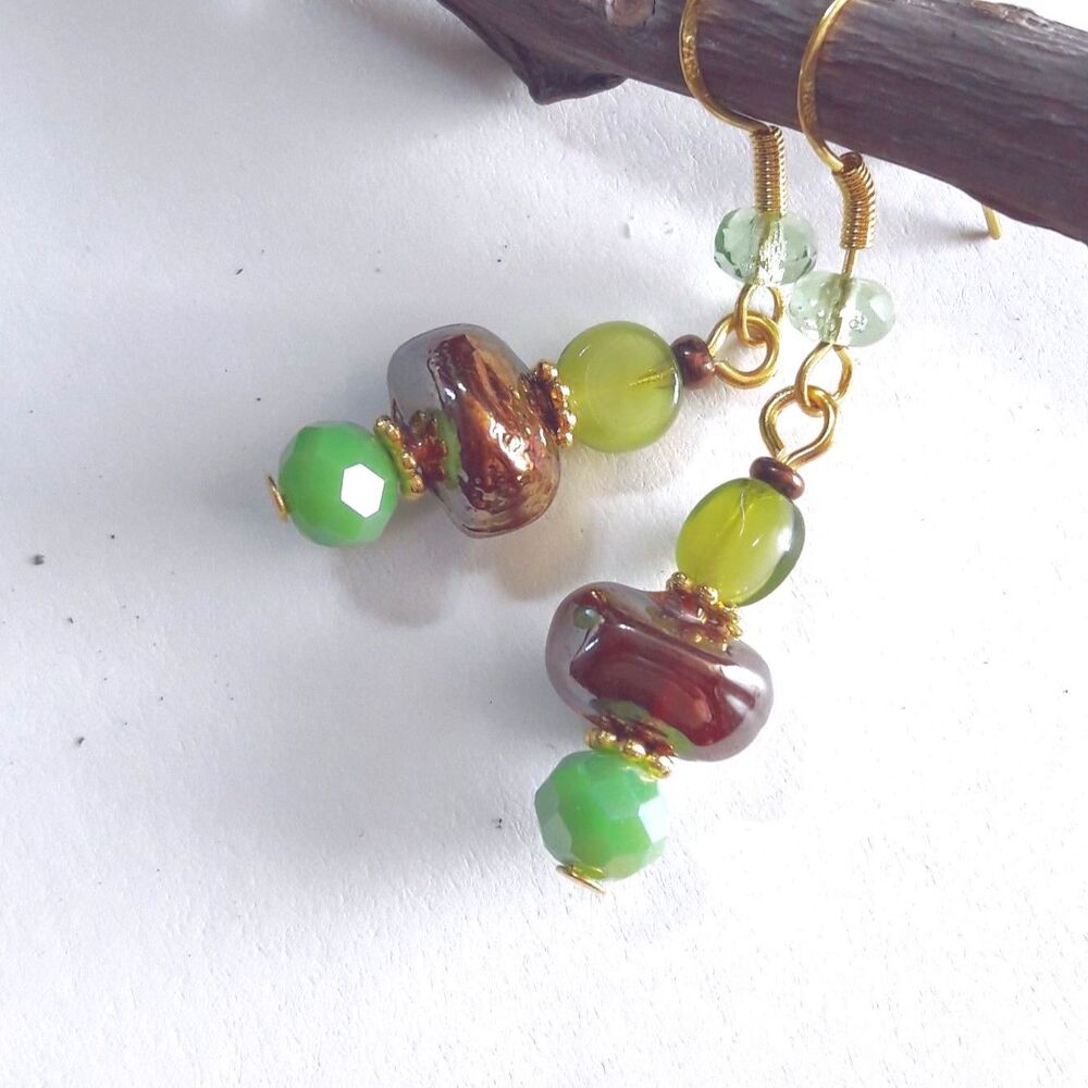artisan earrings 618#mfs NEW boho Green & fireglaze brown glass drop earrings fa
